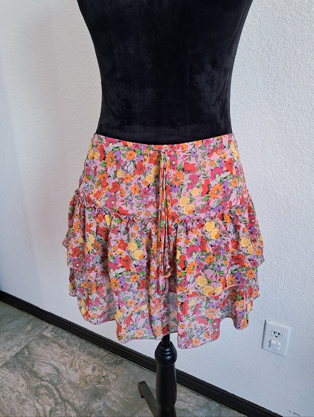 Wild Fable XL Mini Skirt Pink Floral Tiered Smocking Lined Boho Cottagecore
